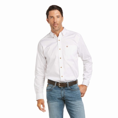 White Men's Ariat Solid Twill Fitted Shirts | 4983-RDYTP