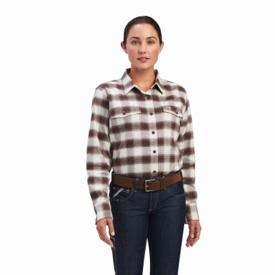 White Women's Ariat Rebar Flannel DuraStretch Shirts | 1823-OZLRT