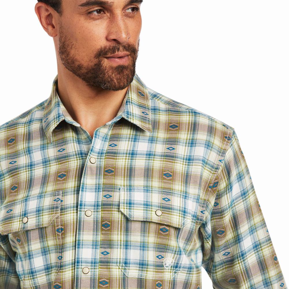 Beige White Men's Ariat Harwell Retro Fit Shirts | 5147-CFMED