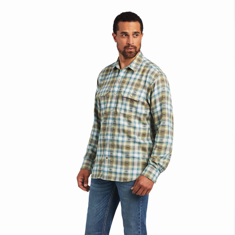 Beige White Men\'s Ariat Harwell Retro Fit Shirts | 5147-CFMED