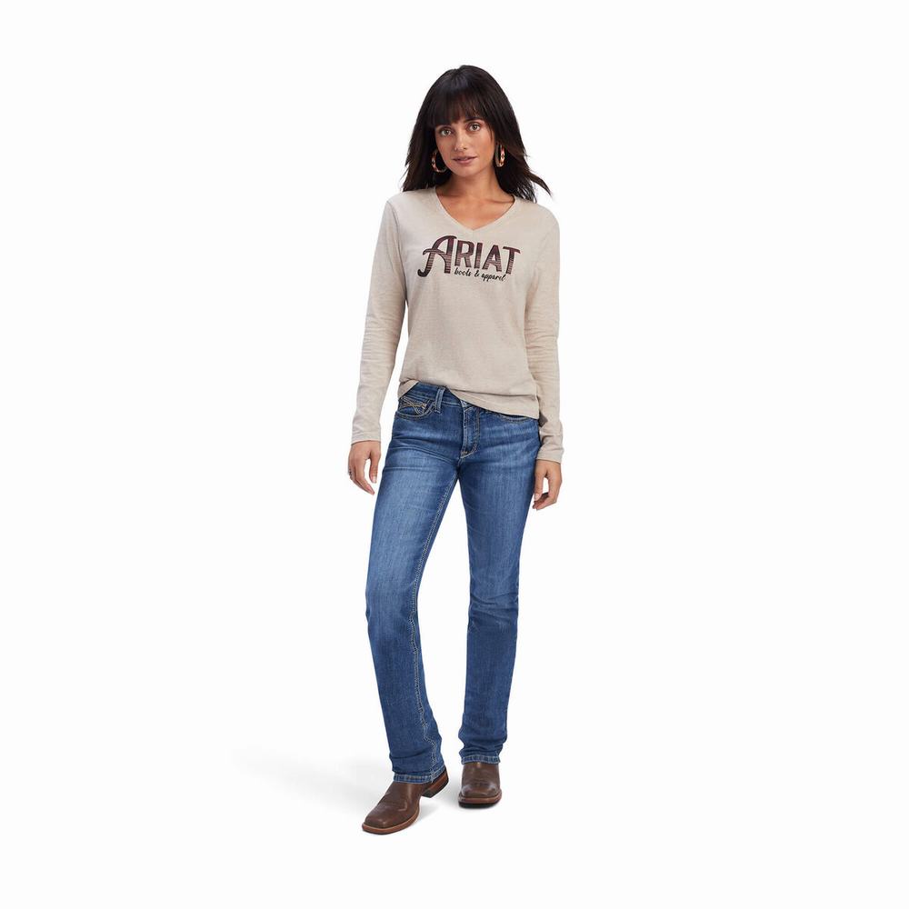 Beige Women's Ariat REAL Chest Logo Relaxed Tops | 4271-DLIQN