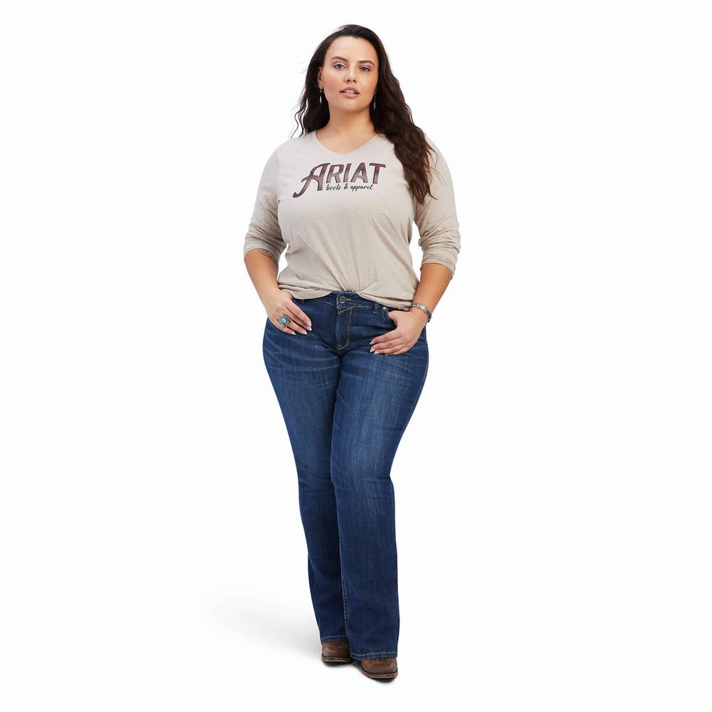 Beige Women's Ariat REAL Chest Logo Relaxed Tops | 4271-DLIQN