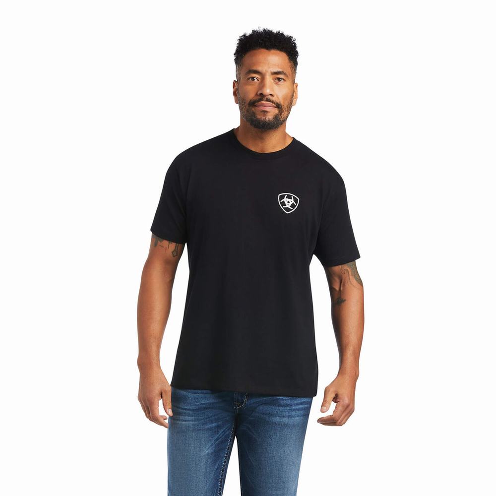 Black Men's Ariat Buckle Flag Polo Shirts | 0965-SHJEL