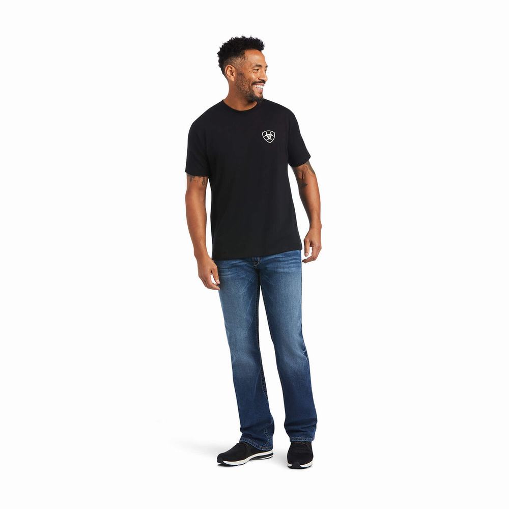 Black Men's Ariat Buckle Flag Polo Shirts | 0965-SHJEL