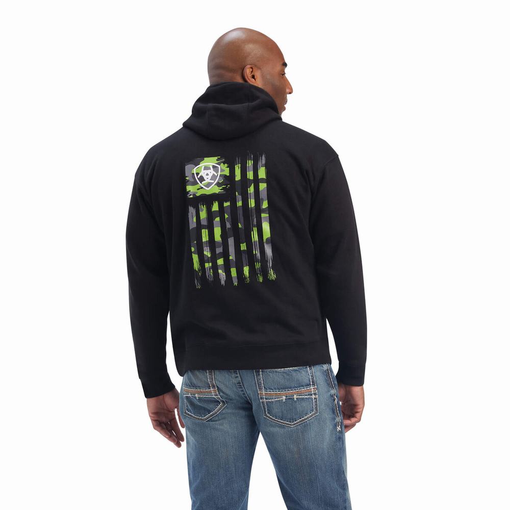 Black Men's Ariat Camo Flag Hoodies | 9653-CPRJE