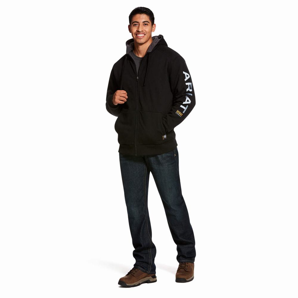 Black Men's Ariat Rebar All-Weather Full Zip Hoodies | 8310-EZRGF