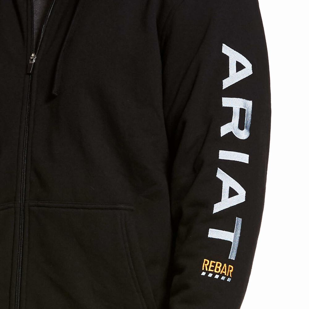 Black Men's Ariat Rebar All-Weather Full Zip Hoodies | 8310-EZRGF