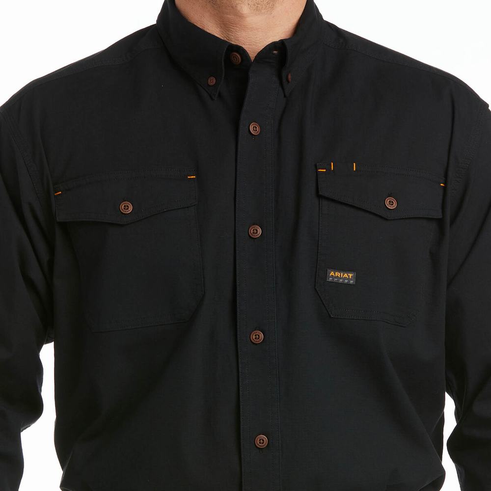 Black Men's Ariat Rebar Made Tough DuraStretch Shirts | 0356-HTOVL