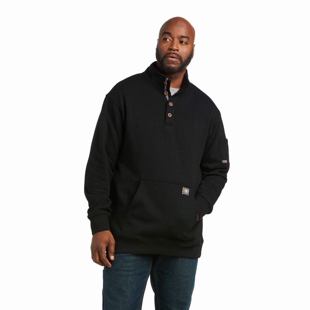 Black Men\'s Ariat Rebar Overtime Fleece Hoodies | 1823-EGXRB