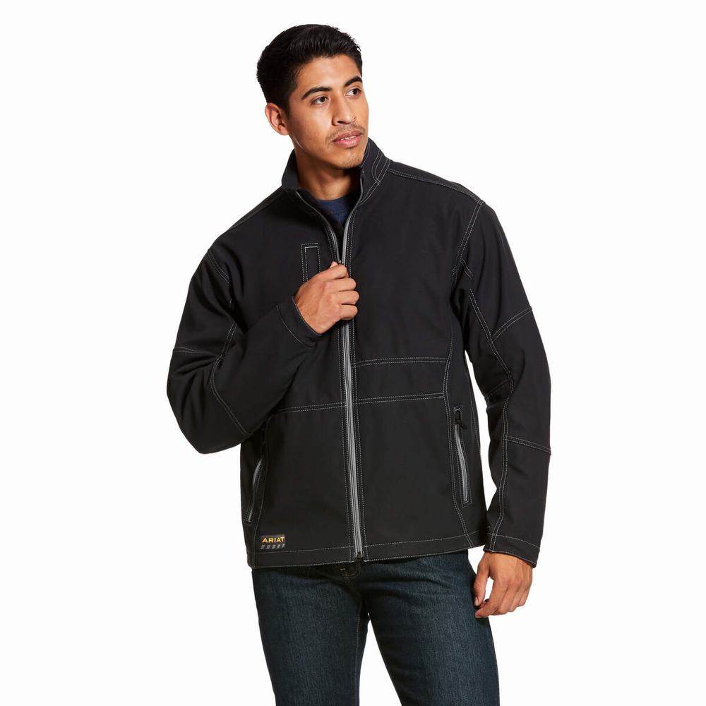 Black Men\'s Ariat Rebar Stretch Canvas Softshell Jackets | 2346-FVWKB