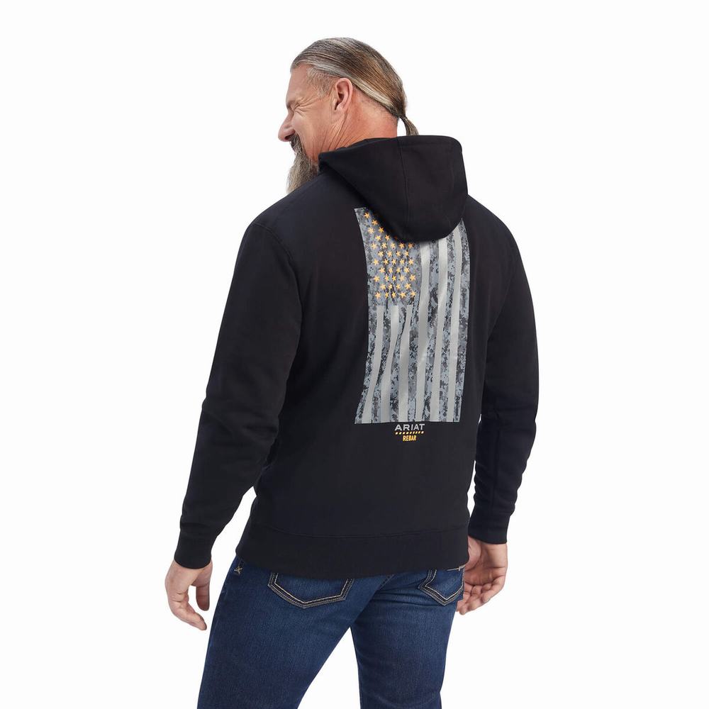 Black Men's Ariat Rebar Workman Reflective Flag Full Zip Hoodies | 0275-YMWDR