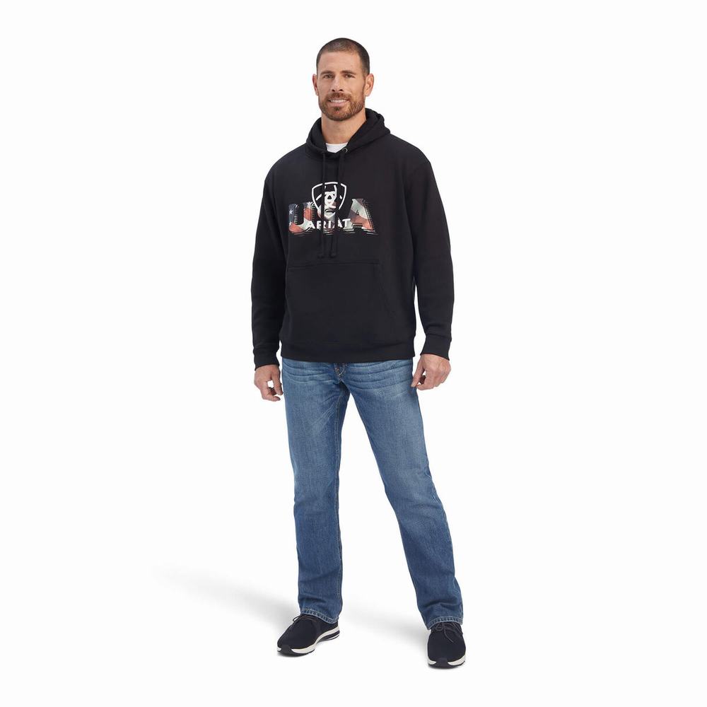 Black Men's Ariat USA Proud Hoodies | 4965-WQVNG