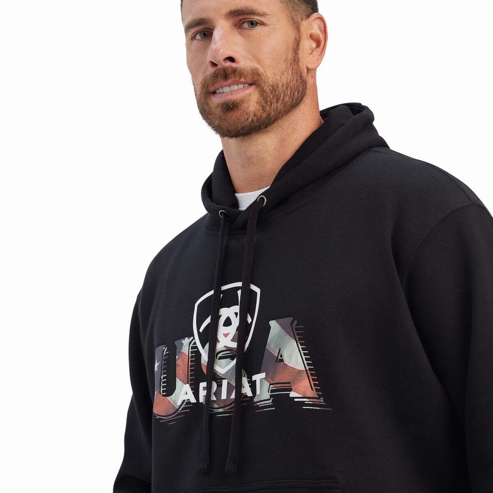 Black Men's Ariat USA Proud Hoodies | 4965-WQVNG