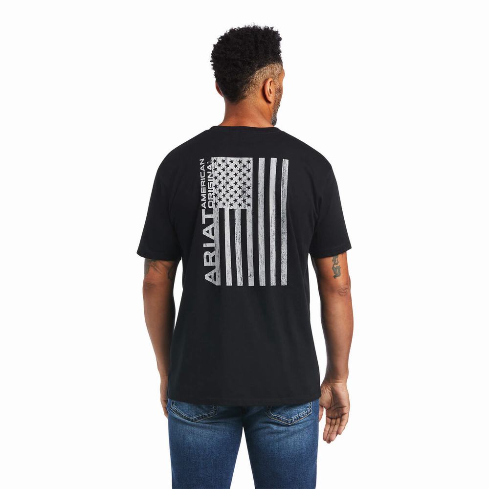 Black Men's Ariat Woodgrain Flag Polo Shirts | 5042-WUTZQ