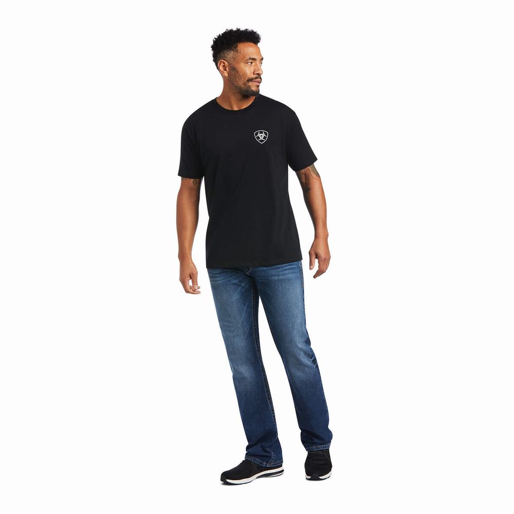 Black Men's Ariat Woodgrain Flag Polo Shirts | 5042-WUTZQ