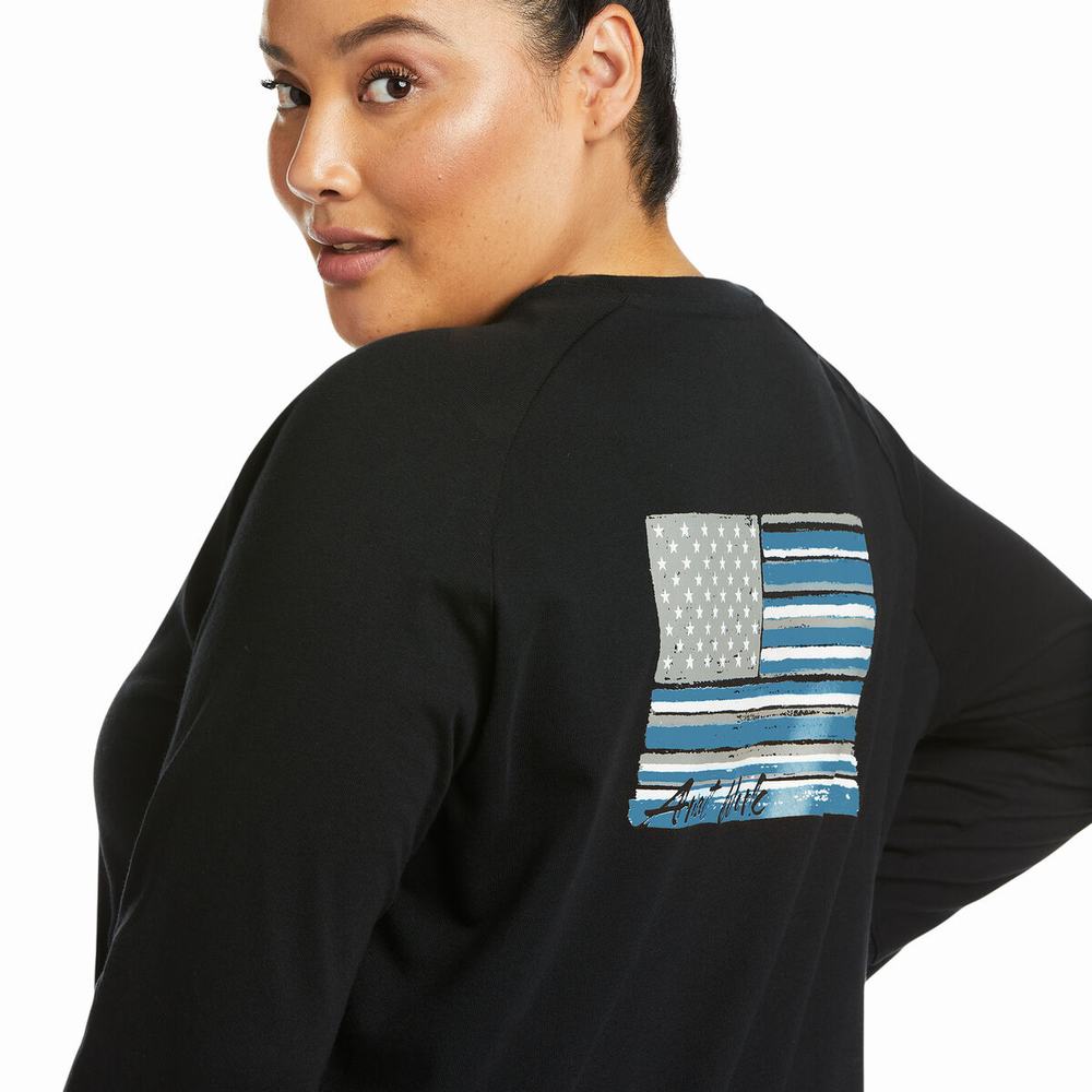 Black Women's Ariat Rebar CottonStrong Brand Flag T Shirts | 7258-UPJDC