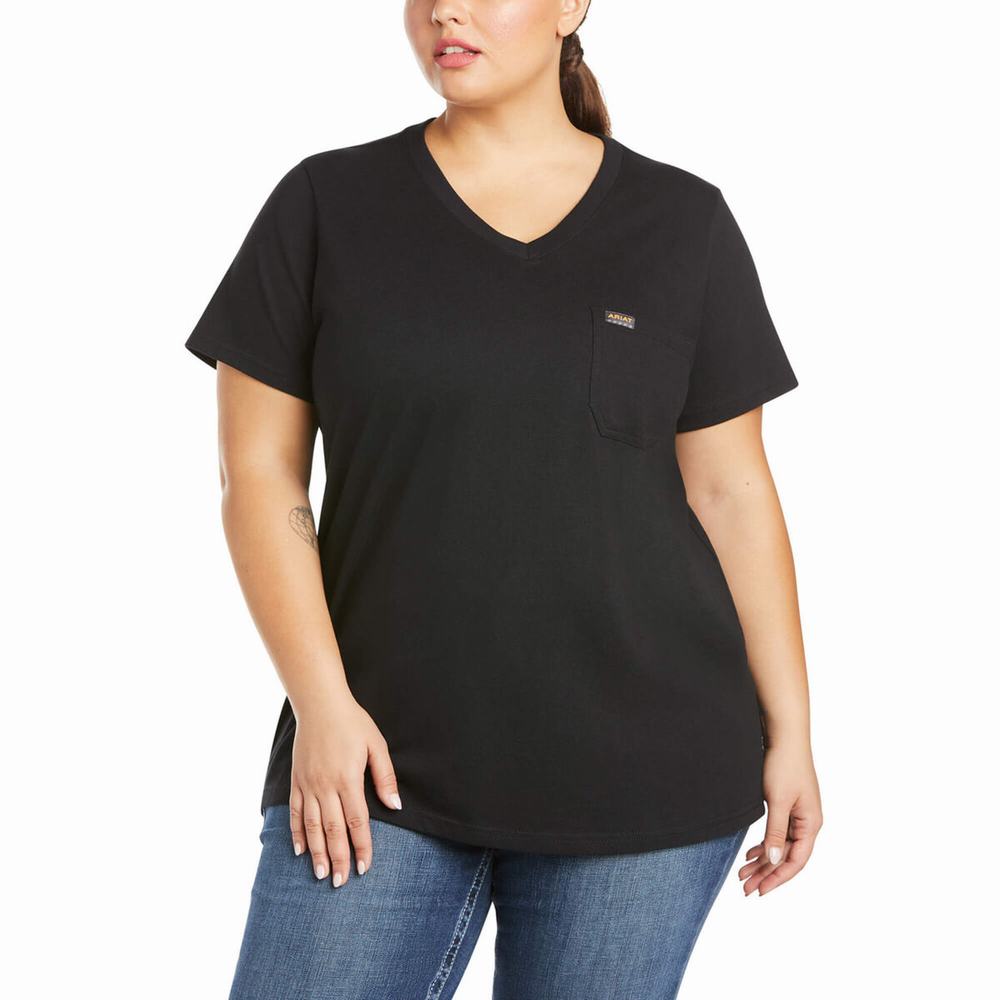 Black Women's Ariat Rebar Cotton Strong V-Neck Short Sleeve | 0631-ZRSAI