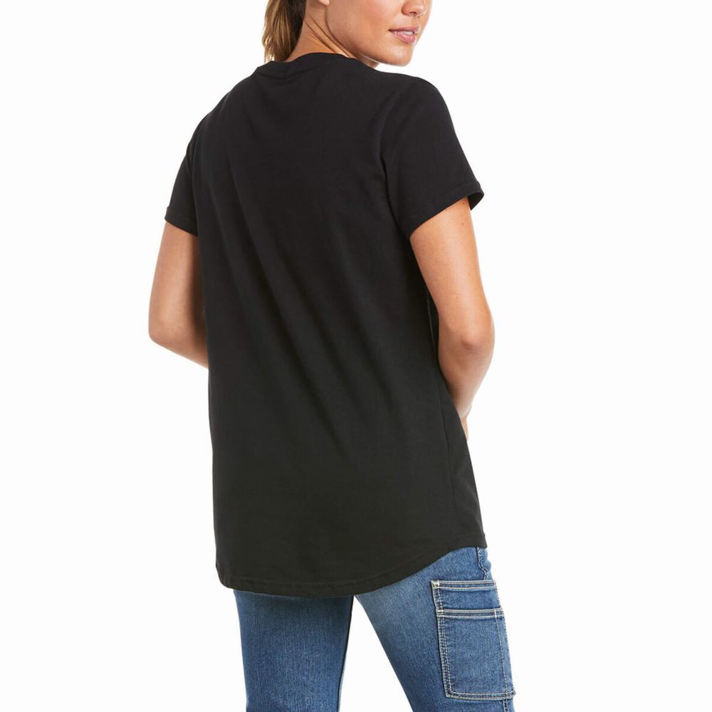 Black Women's Ariat Rebar Cotton Strong V-Neck Short Sleeve | 0631-ZRSAI