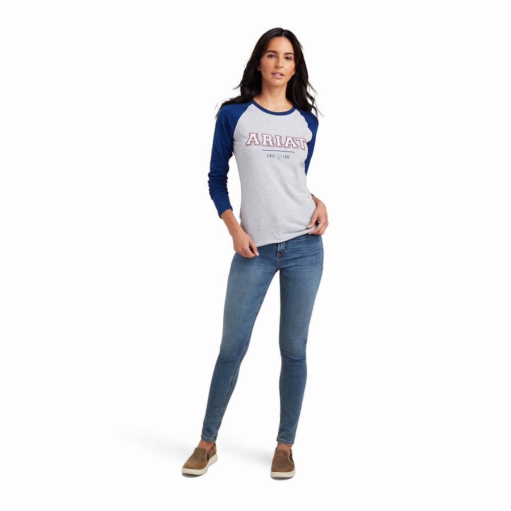 Blue Grey Women's Ariat Varsity Tops | 9370-GAFQX