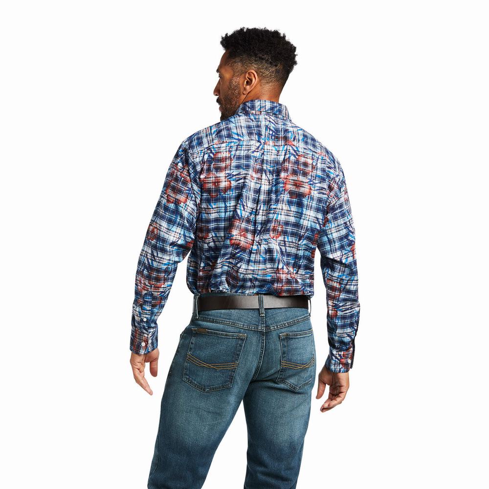 Blue Men's Ariat August Classic Fit Shirts | 6837-OLVKE