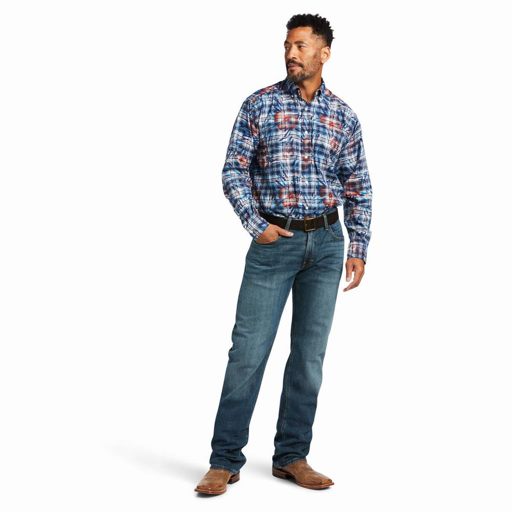 Blue Men's Ariat August Classic Fit Shirts | 6837-OLVKE