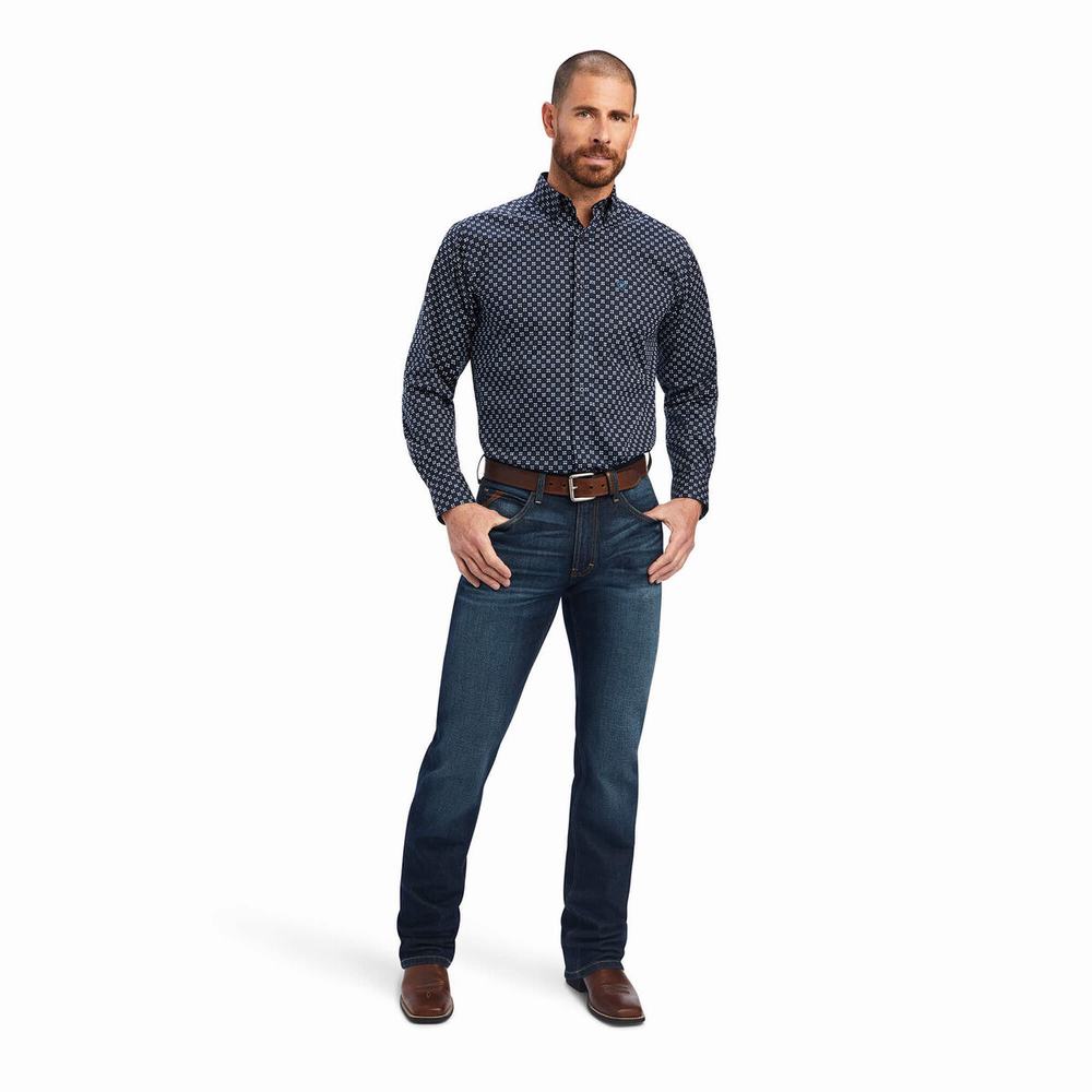 Blue Men's Ariat Baker Stretch Fitted Shirts | 5079-AFULR