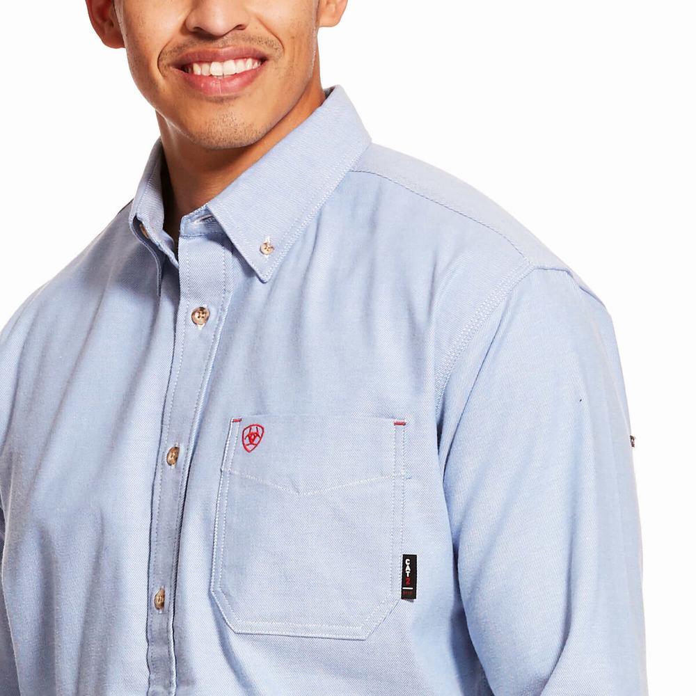 Blue Men's Ariat FR Solid Twill DuraStretch Shirts | 9513-VZJHN