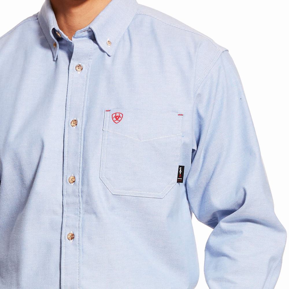 Blue Men's Ariat FR Solid Twill DuraStretch Shirts | 9513-VZJHN