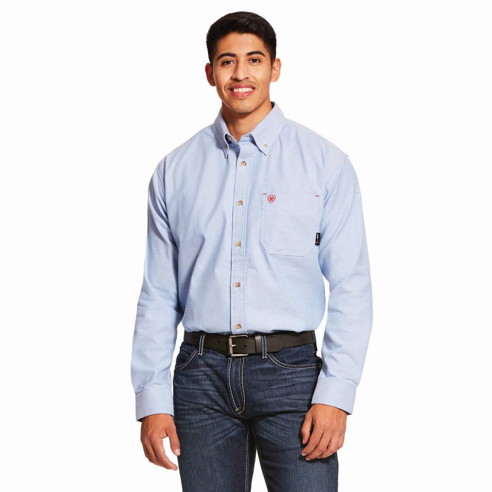 Blue Men\'s Ariat FR Solid Twill DuraStretch Shirts | 9513-VZJHN