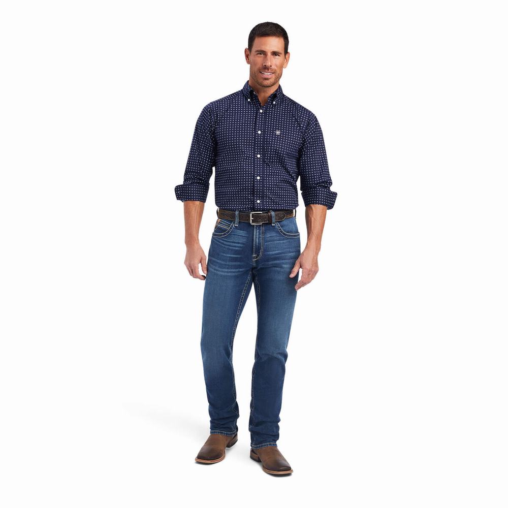 Blue Men's Ariat Niko Stretch Fitted Shirts | 1908-ZGJFV