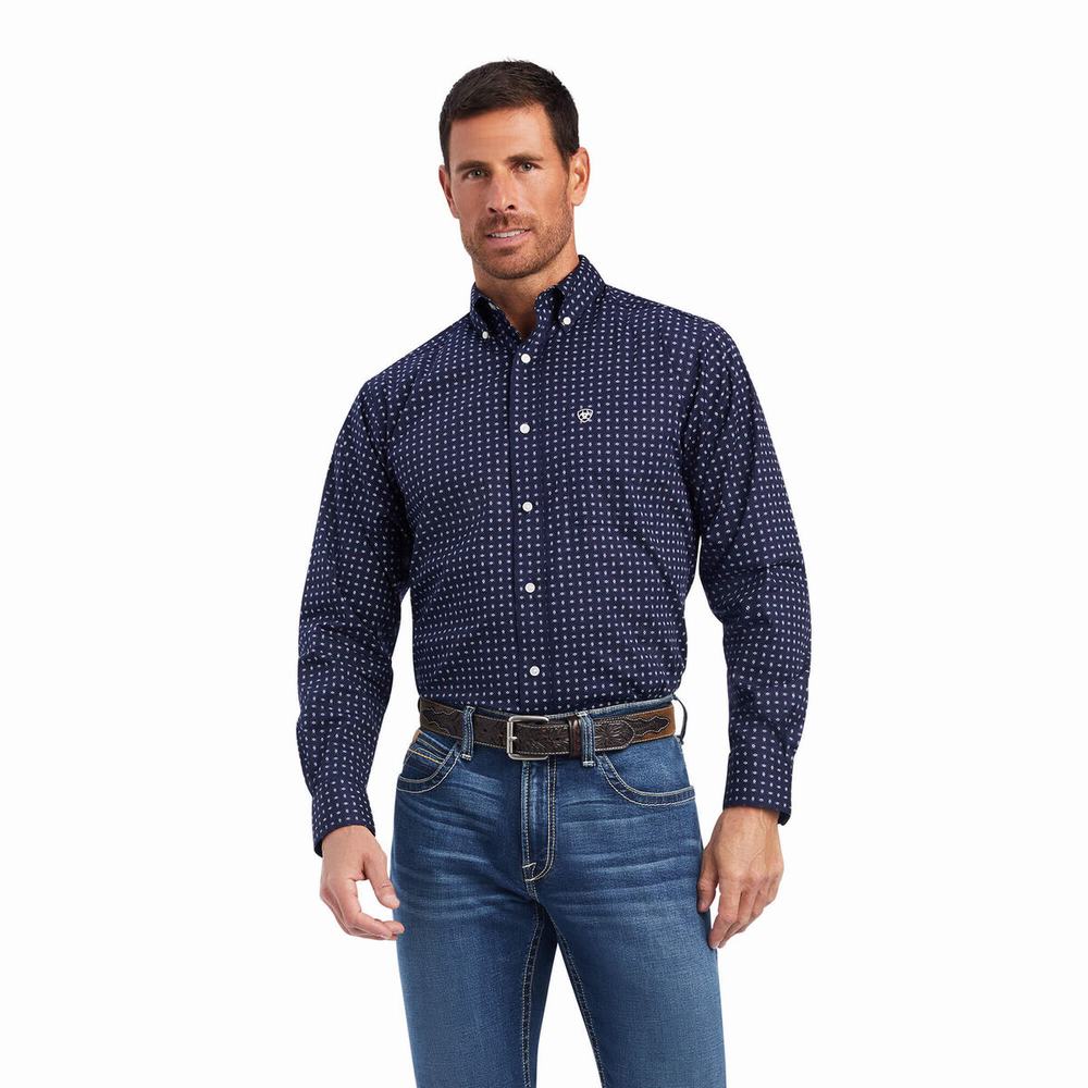 Blue Men\'s Ariat Niko Stretch Fitted Shirts | 1908-ZGJFV