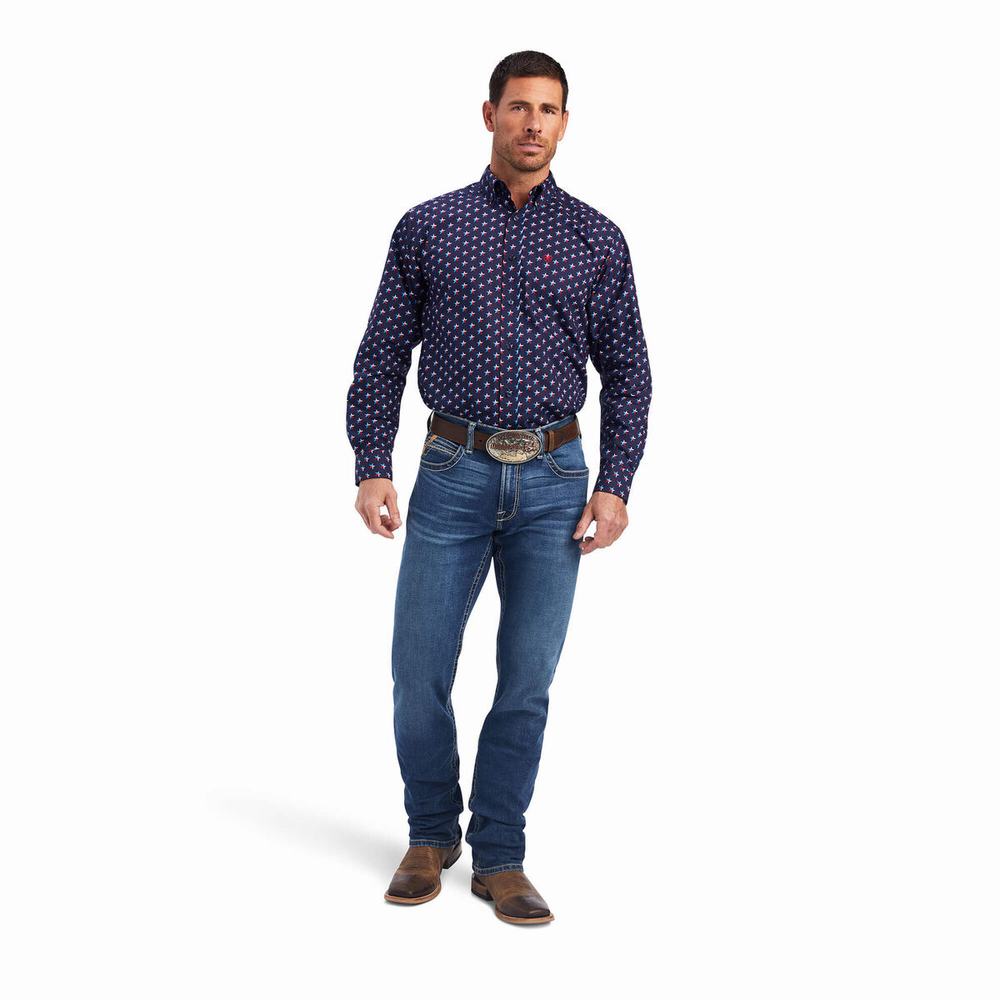 Blue Men's Ariat Nosson Classic Fit Shirts | 8930-KTQME