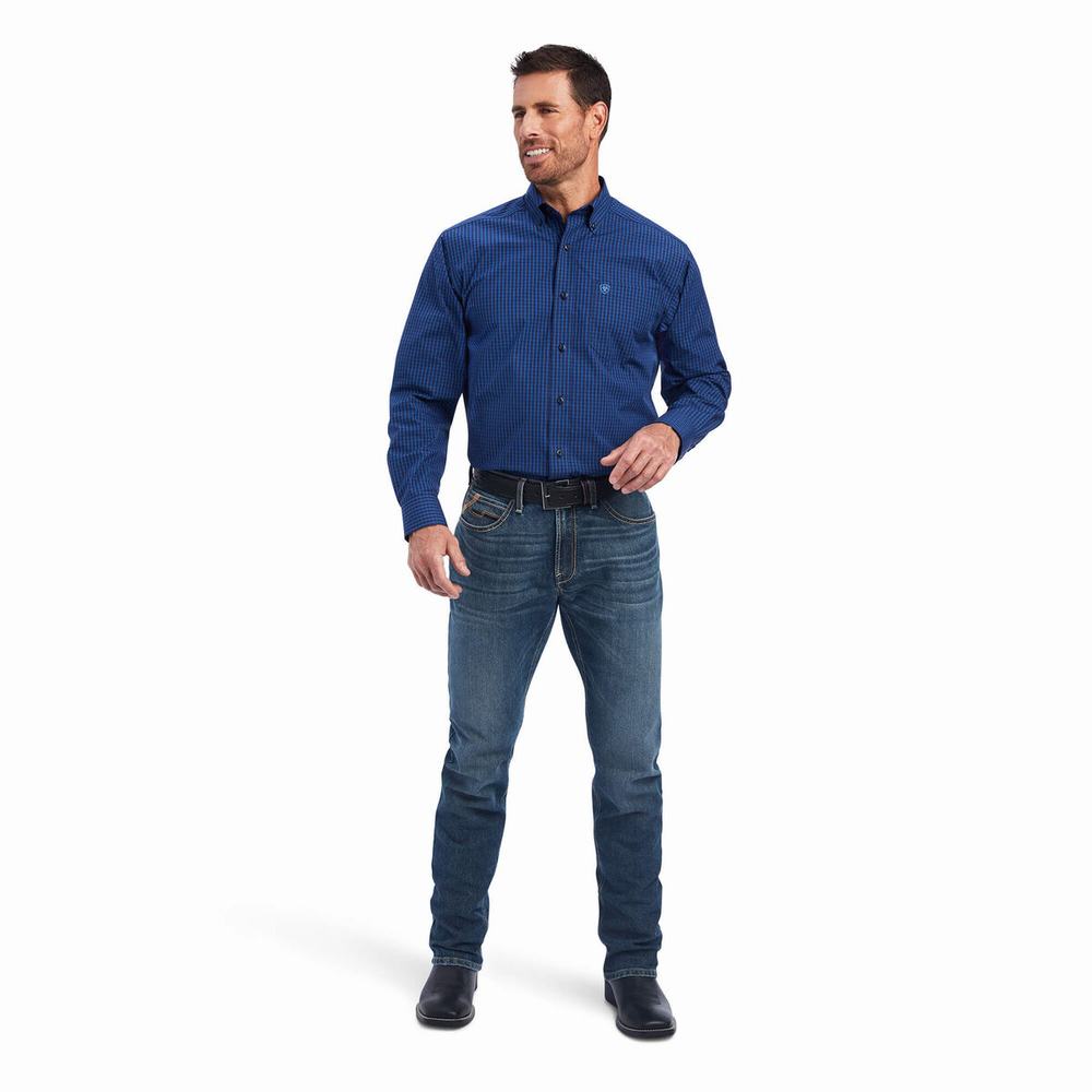 Blue Men's Ariat Pro Series Nelson Classic Fit Shirts | 7016-AZVJO