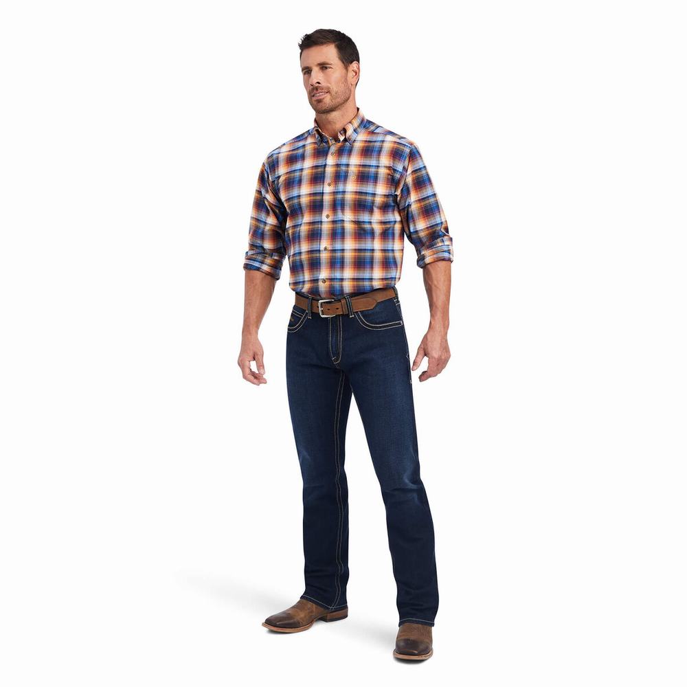 Blue Men's Ariat Pro Series Nigel Stretch Classic Fit Shirts | 7051-CVGTH