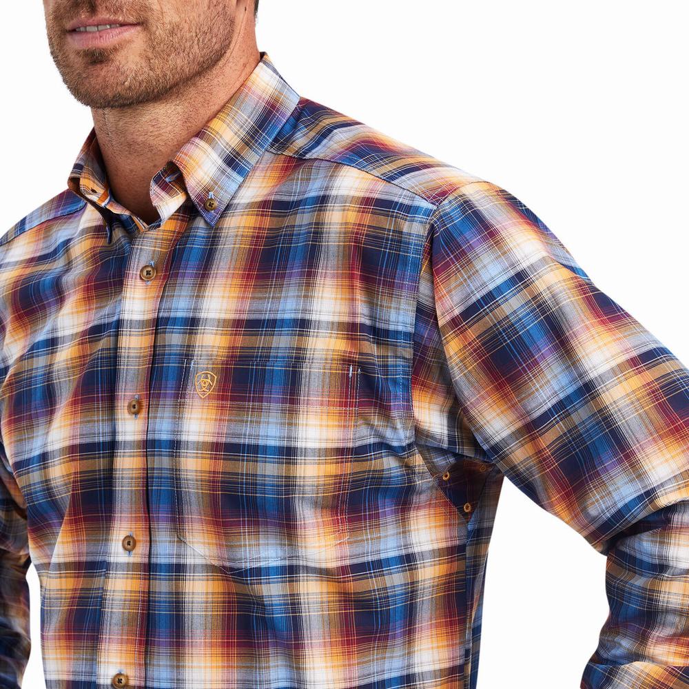 Blue Men's Ariat Pro Series Nigel Stretch Classic Fit Shirts | 7051-CVGTH