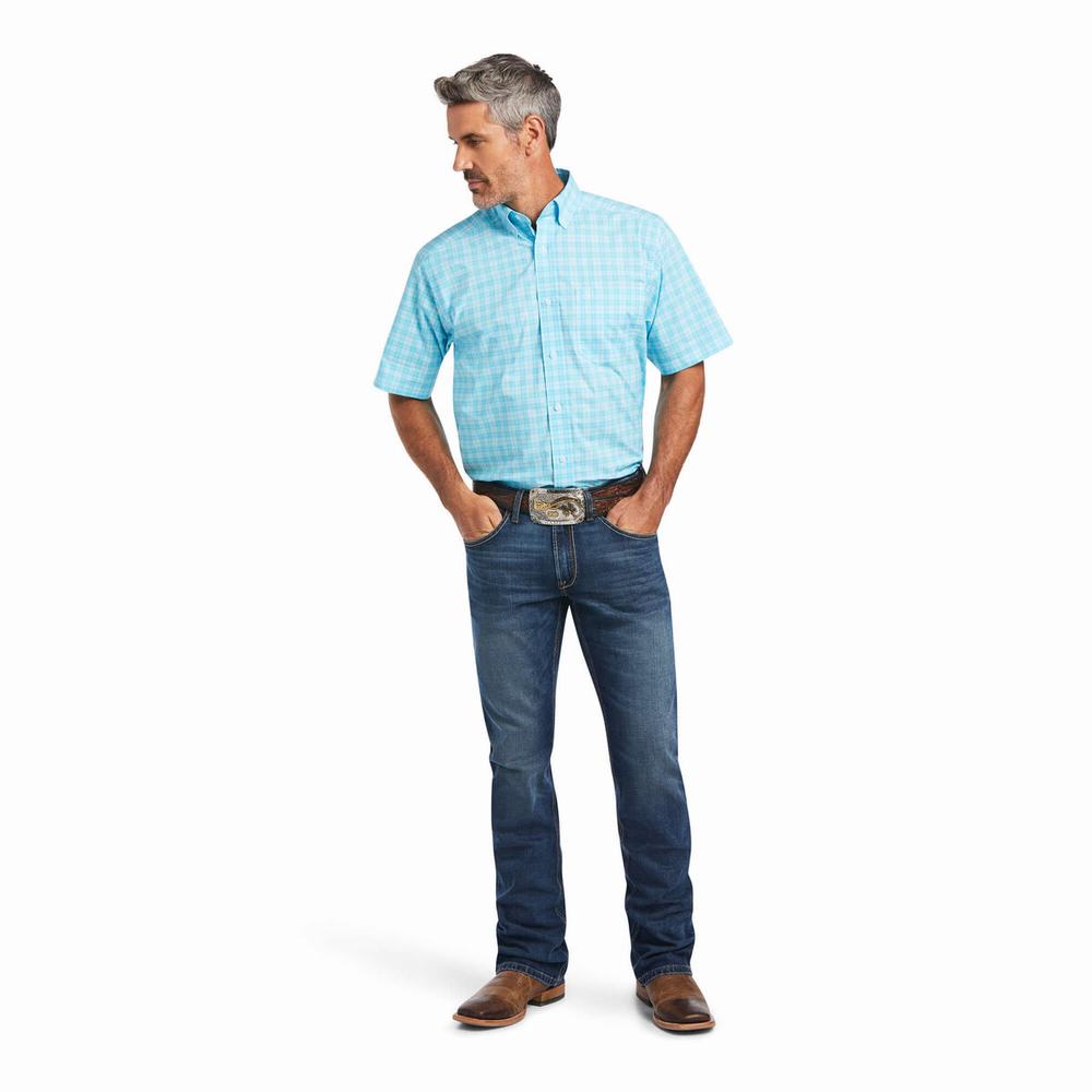 Blue Men's Ariat Pro Series Quilo Stretch Classic Fit Shirts | 4139-ORZUM