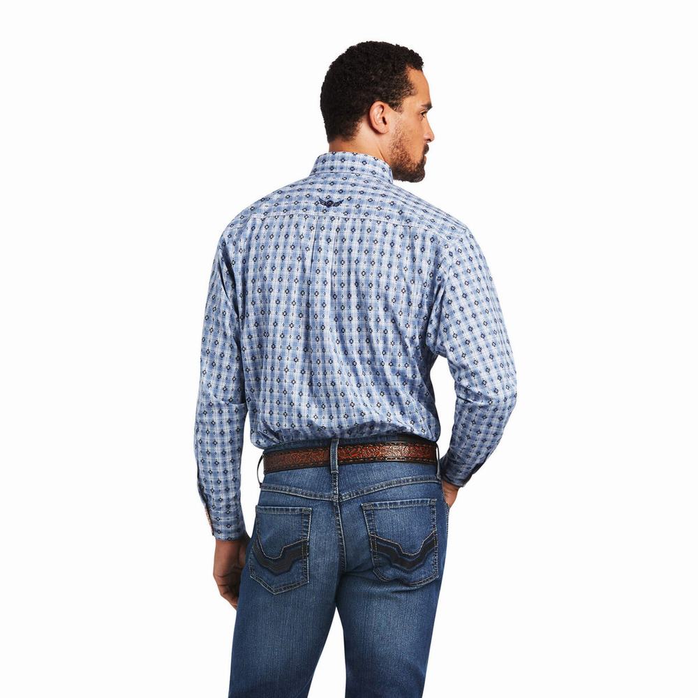 Blue Men's Ariat Relentless Concrete Stretch Classic Fit Shirts | 8290-KMAZJ