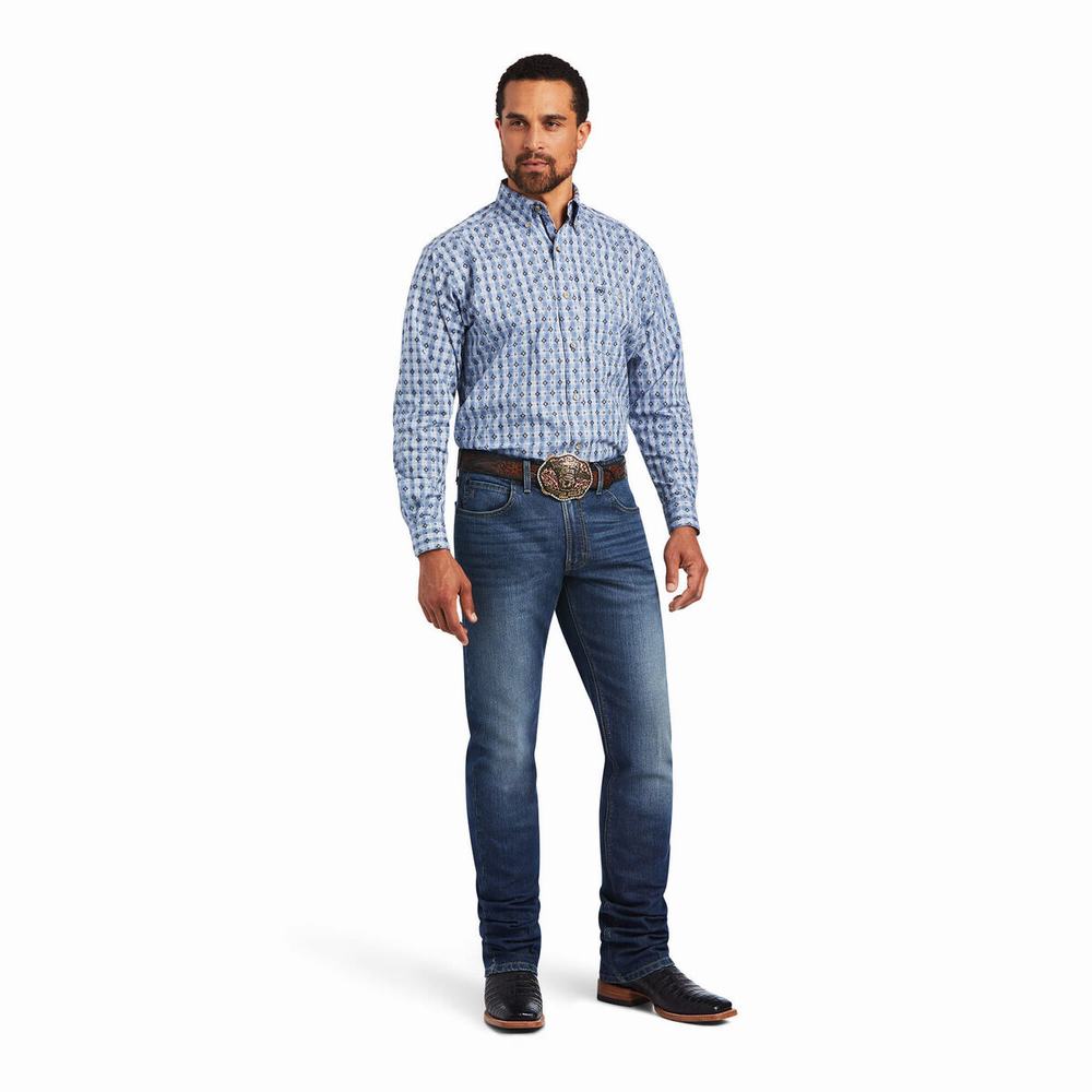 Blue Men's Ariat Relentless Concrete Stretch Classic Fit Shirts | 8290-KMAZJ