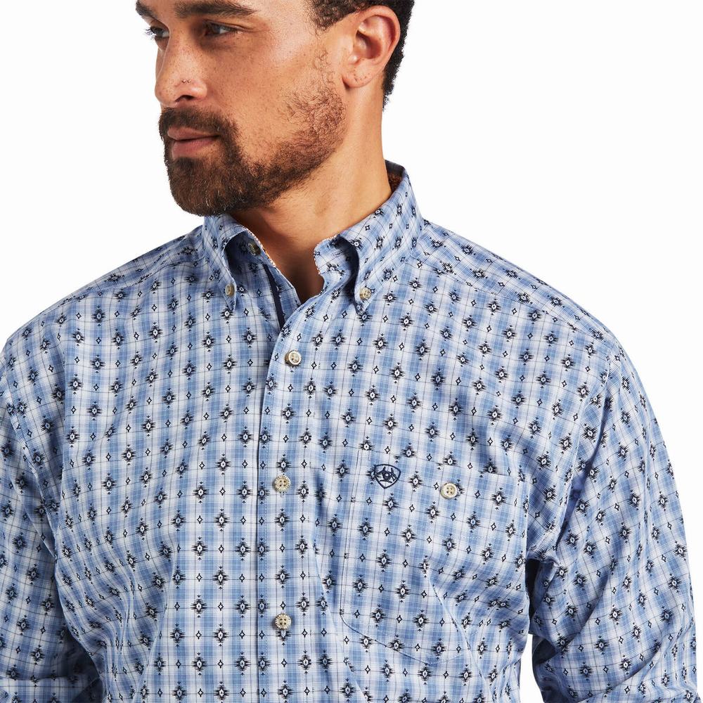 Blue Men's Ariat Relentless Concrete Stretch Classic Fit Shirts | 8290-KMAZJ