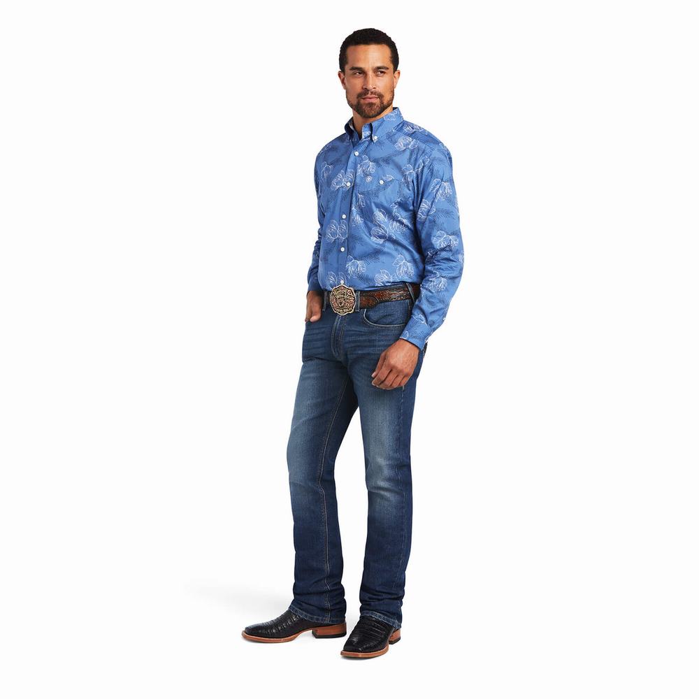 Blue Men's Ariat Relentless Headway Stretch Classic Fit Shirts | 7264-DIZCV