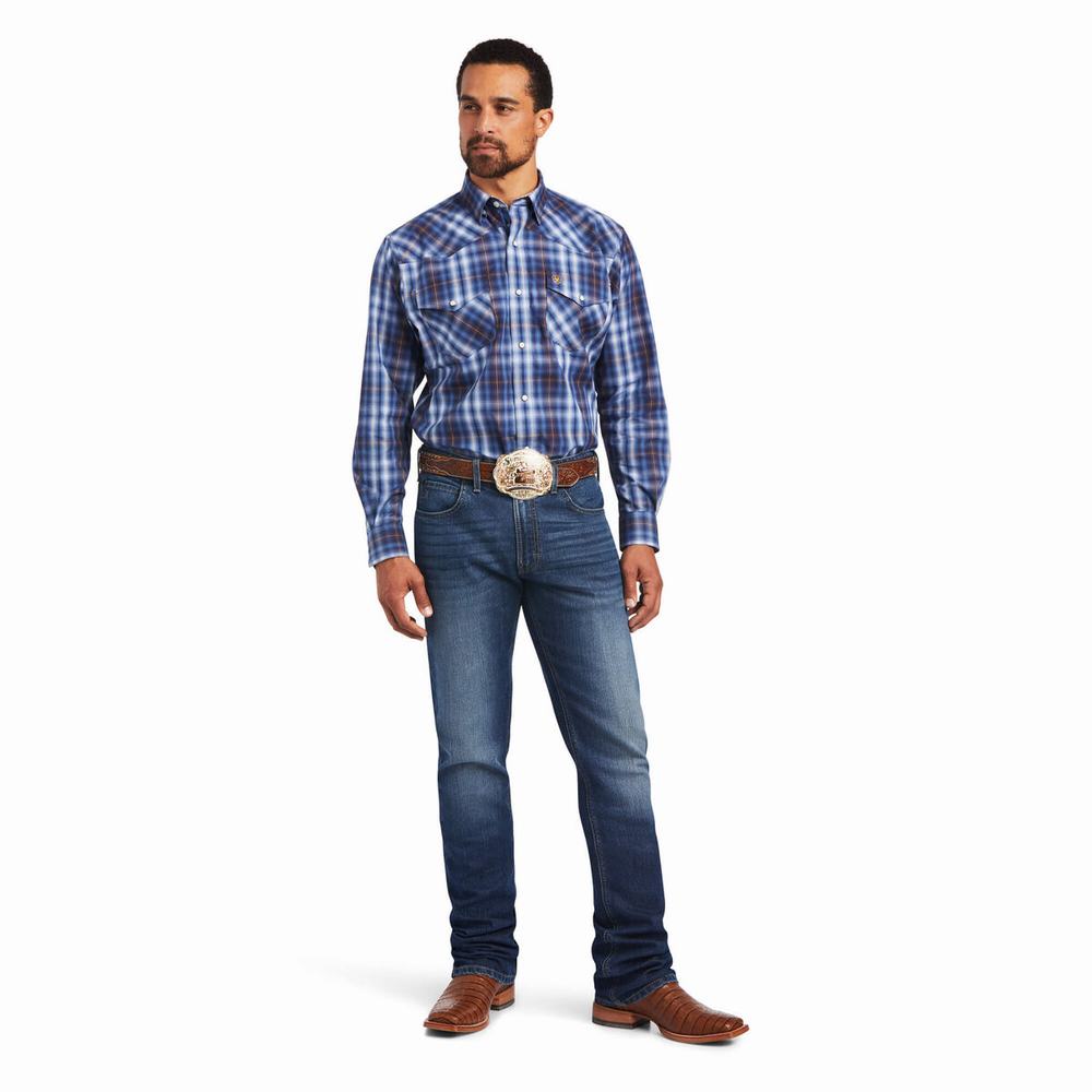 Blue Men's Ariat Relentless Inexorable Stretch Classic Fit Snap Shirts | 5780-IKHDG