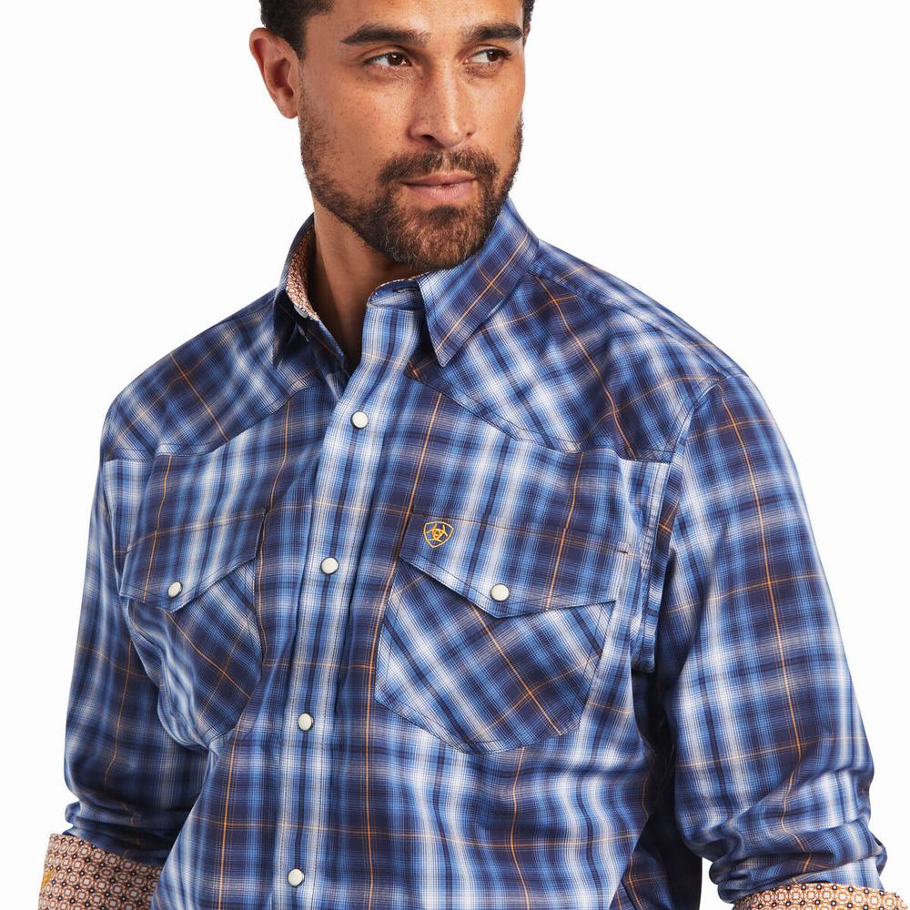 Blue Men's Ariat Relentless Inexorable Stretch Classic Fit Snap Shirts | 5780-IKHDG