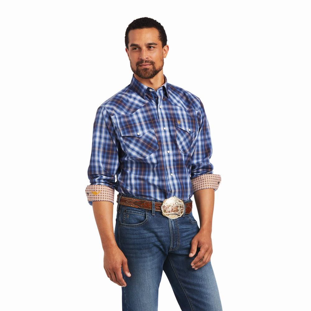 Blue Men\'s Ariat Relentless Inexorable Stretch Classic Fit Snap Shirts | 5780-IKHDG