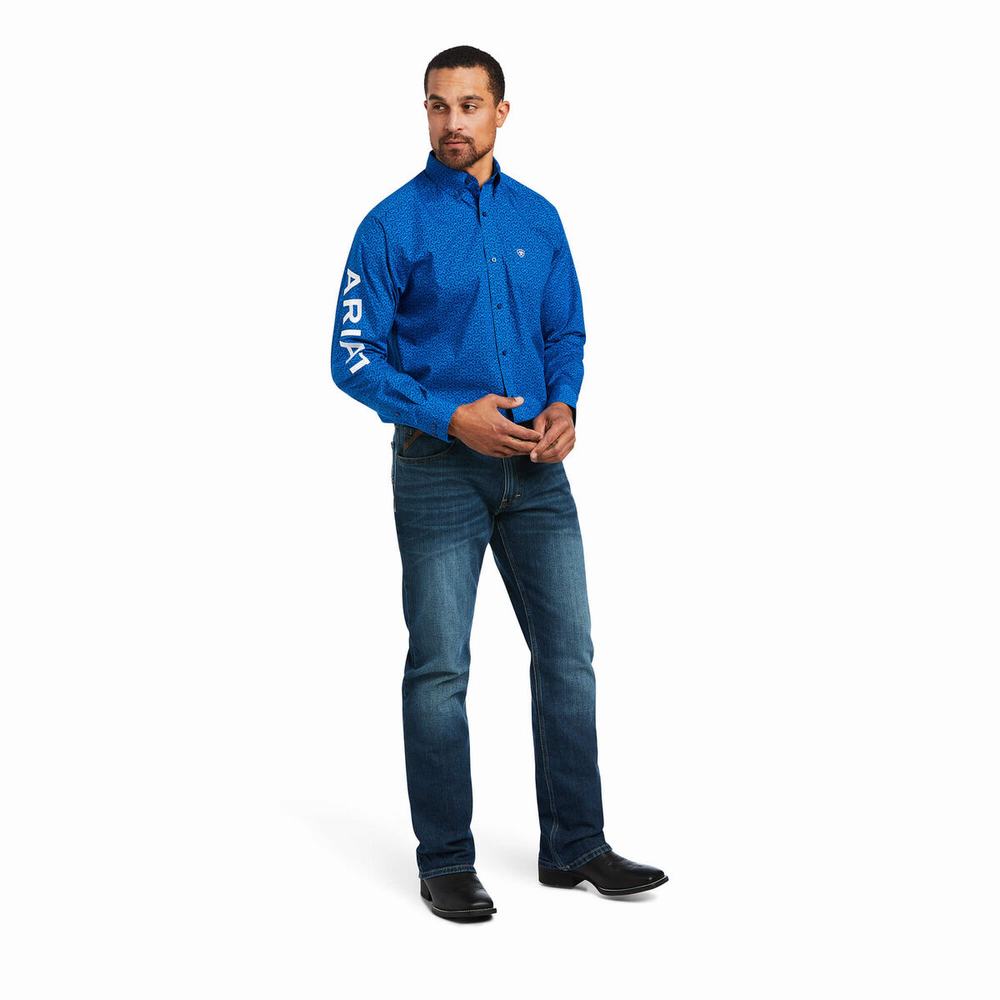 Blue Men's Ariat Team Bushwick Classic Fit Shirts | 6841-PGBUW