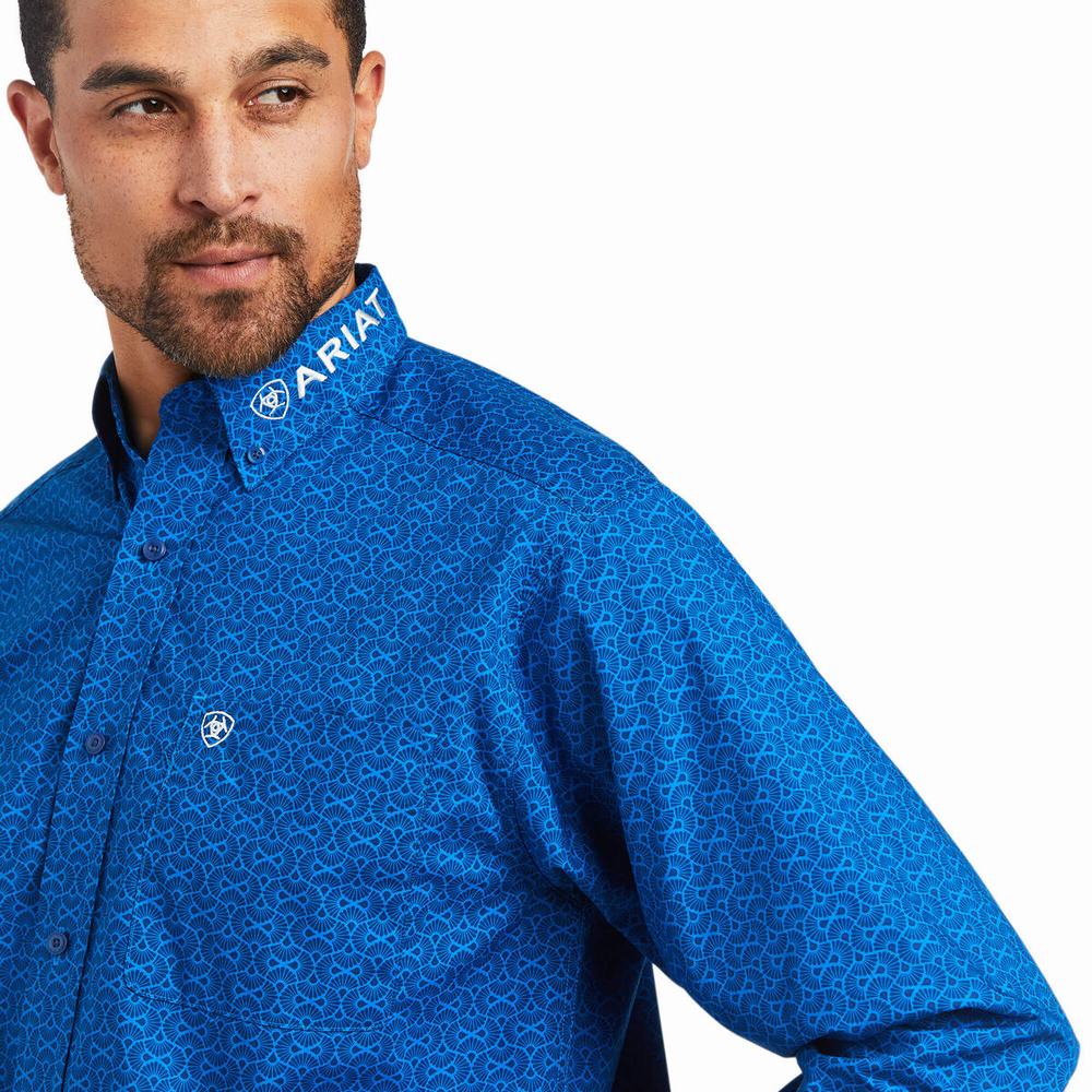 Blue Men's Ariat Team Bushwick Classic Fit Shirts | 6841-PGBUW