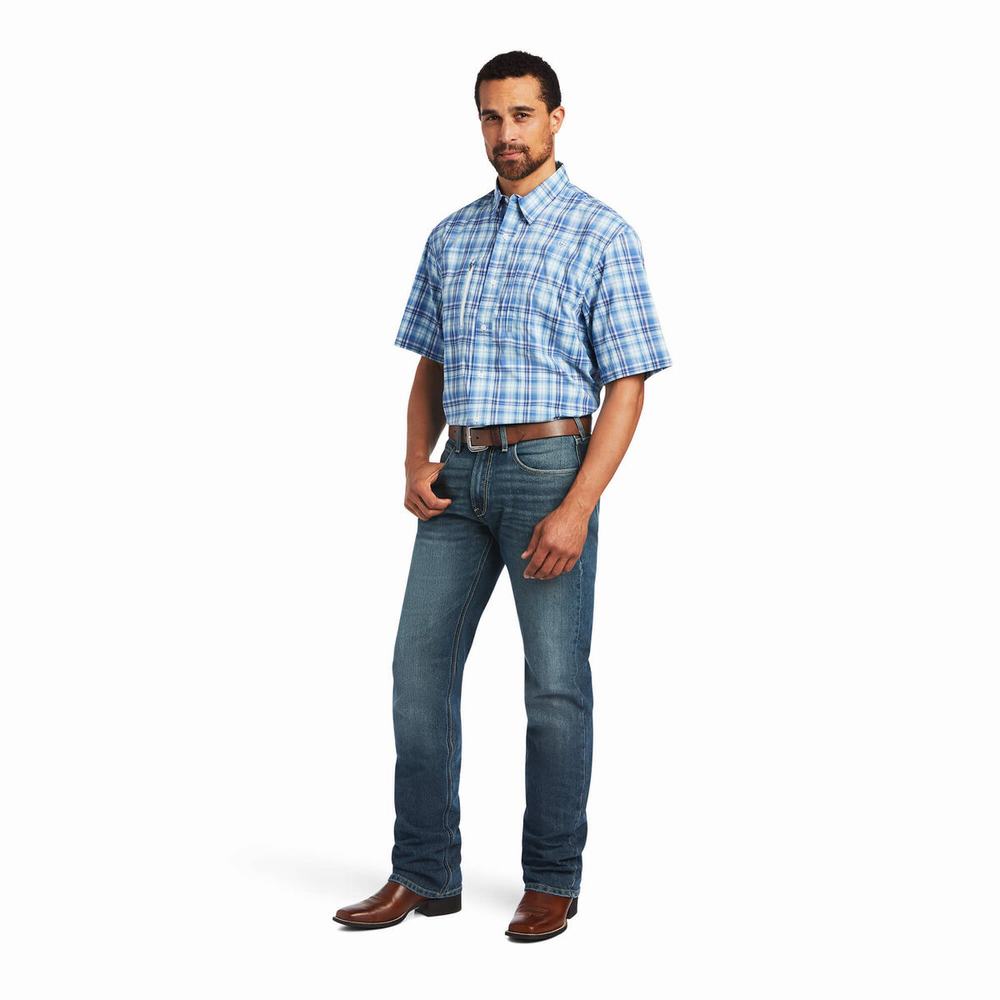 Blue Men's Ariat VentTEK Classic Fit Shirts | 9140-YNJWH