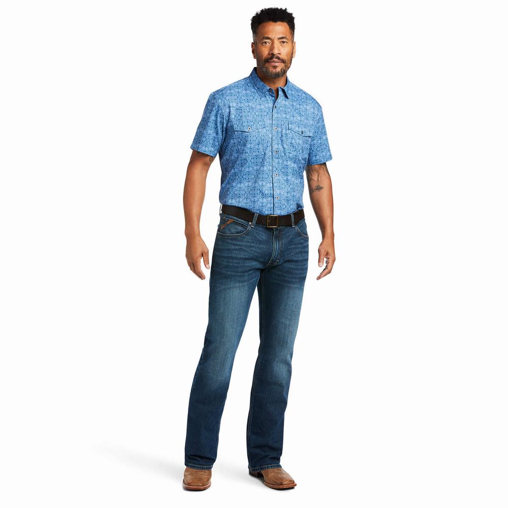 Blue Men's Ariat VentTEK Fitted Shirts | 5389-OQIEV