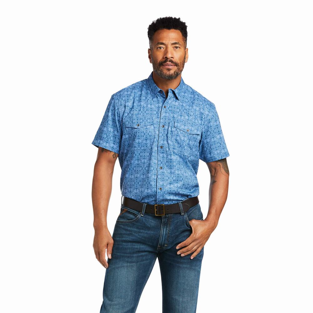 Blue Men\'s Ariat VentTEK Fitted Shirts | 5389-OQIEV