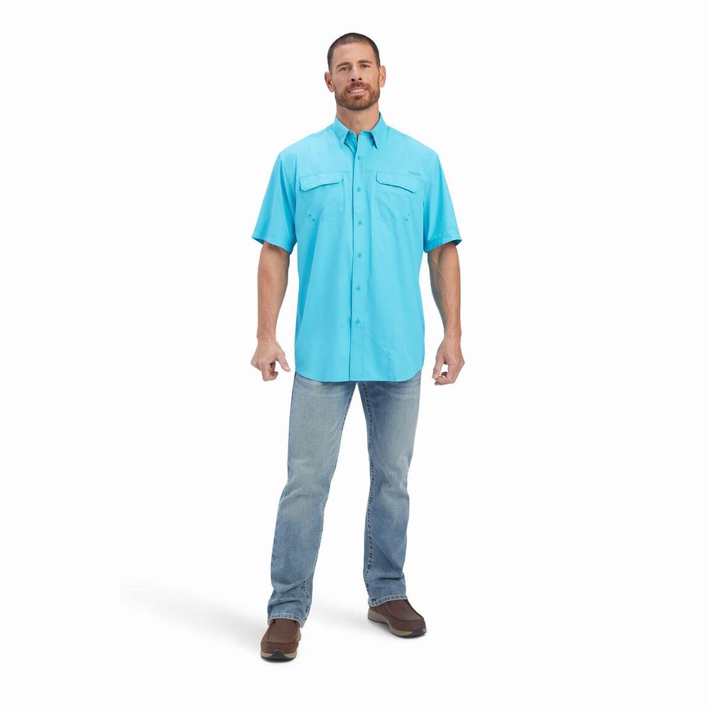 Blue Men's Ariat VentTEK Outbound Classic Fit Shirts | 4790-ZJNRY