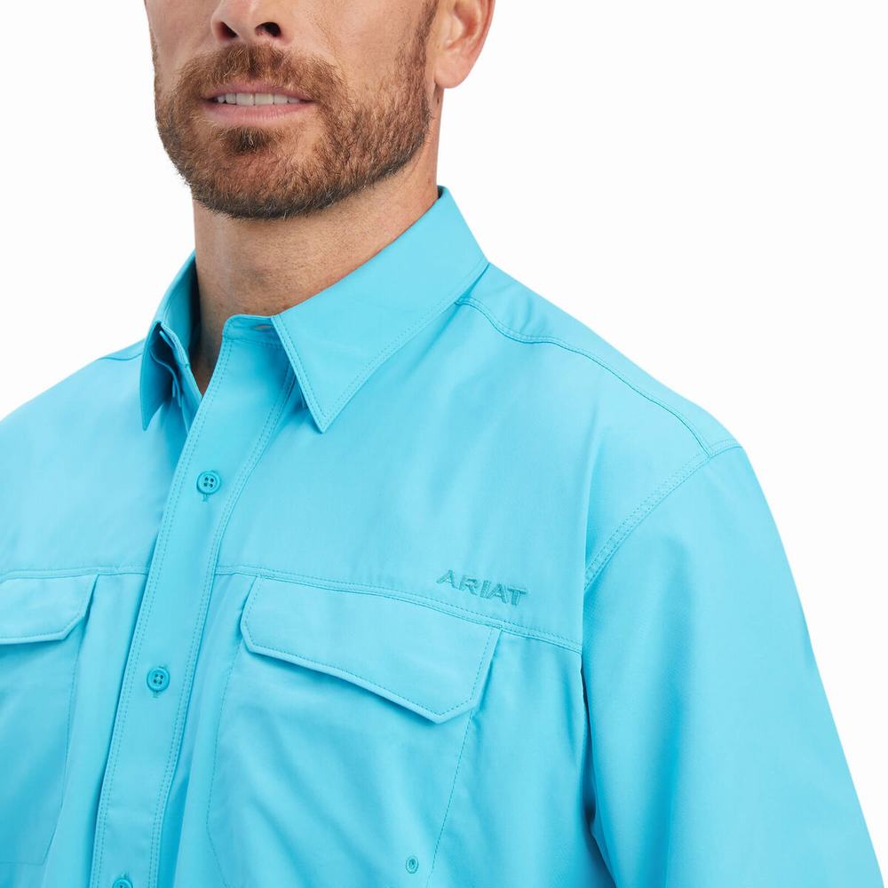 Blue Men's Ariat VentTEK Outbound Classic Fit Shirts | 4790-ZJNRY